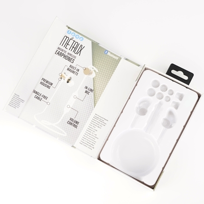 Imballaggio personalizzato Casella di confezione in carta per auricolari Bluetooth cablati con vassoio per gancio e vesciche