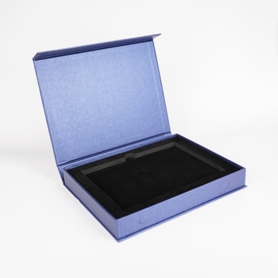 Logo personalizzato Scatole di stoccaggio blu Clamshell Scatole di imballaggio a forma di libro regalo con vassoio EVA