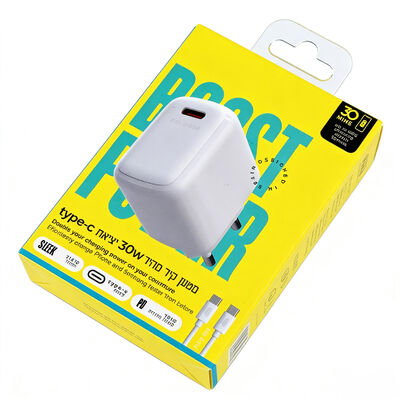 Scatola per imballaggio caricabatterie USB-C da 30W con logo personalizzato e finestra a gancio blister per caricabatterie per telefono